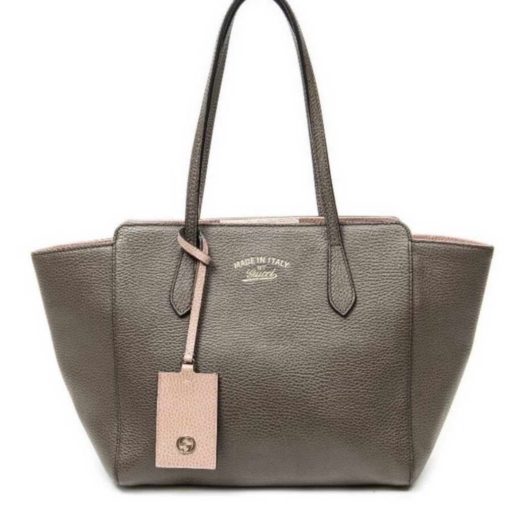 Gucci Taupe Tote with Pink Luggage Tag